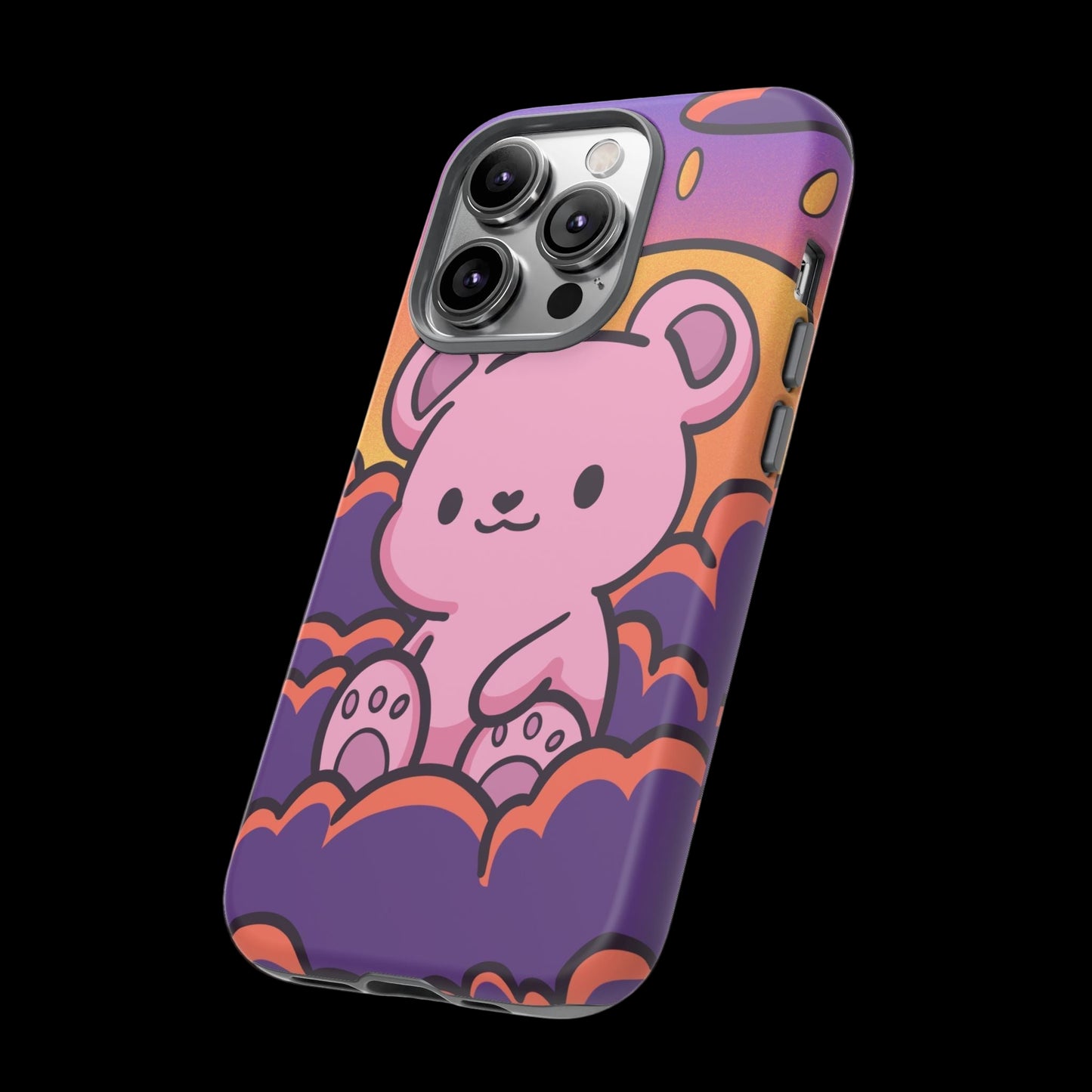 Phone case with a pink bear design on a purple background