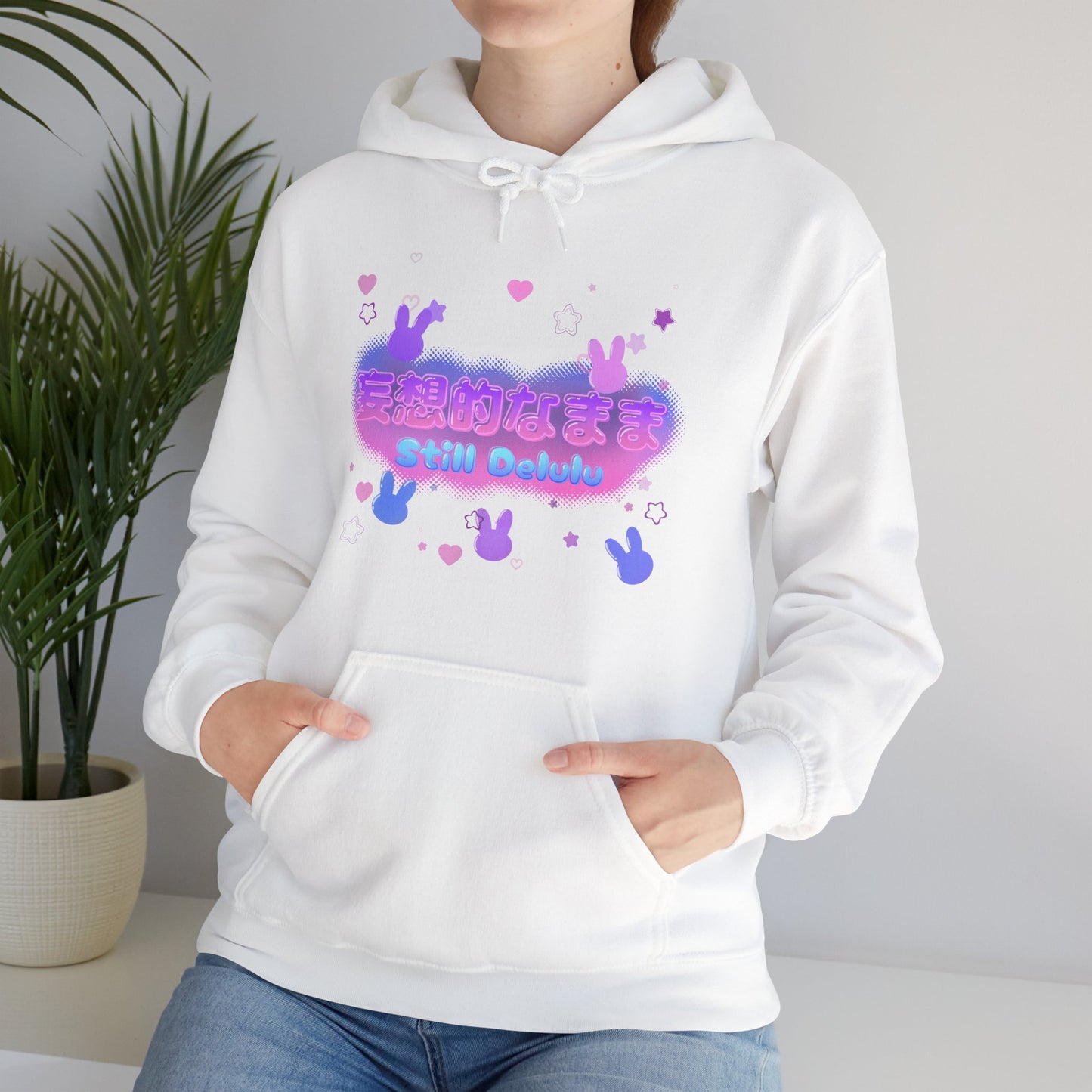 Kawaii Pastel Still Delulu in Japanese Bunny Hoodie Sweater - Pink X Holic
