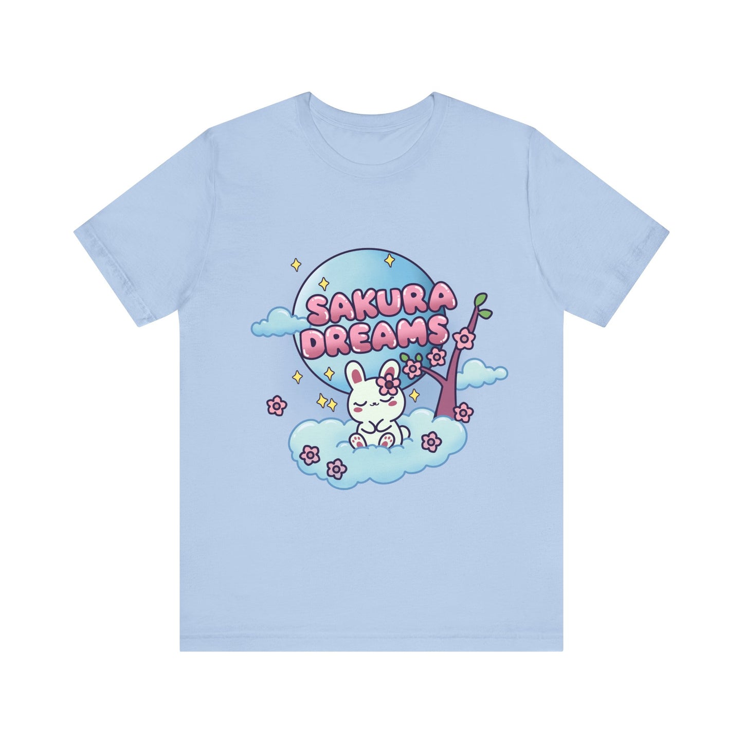 Sakura Dreams Kawaii Bunny T-Shirt featuring a cute white bunny with a sakura tree, sitting on a cloud under a full moon with cherry blossoms and stars