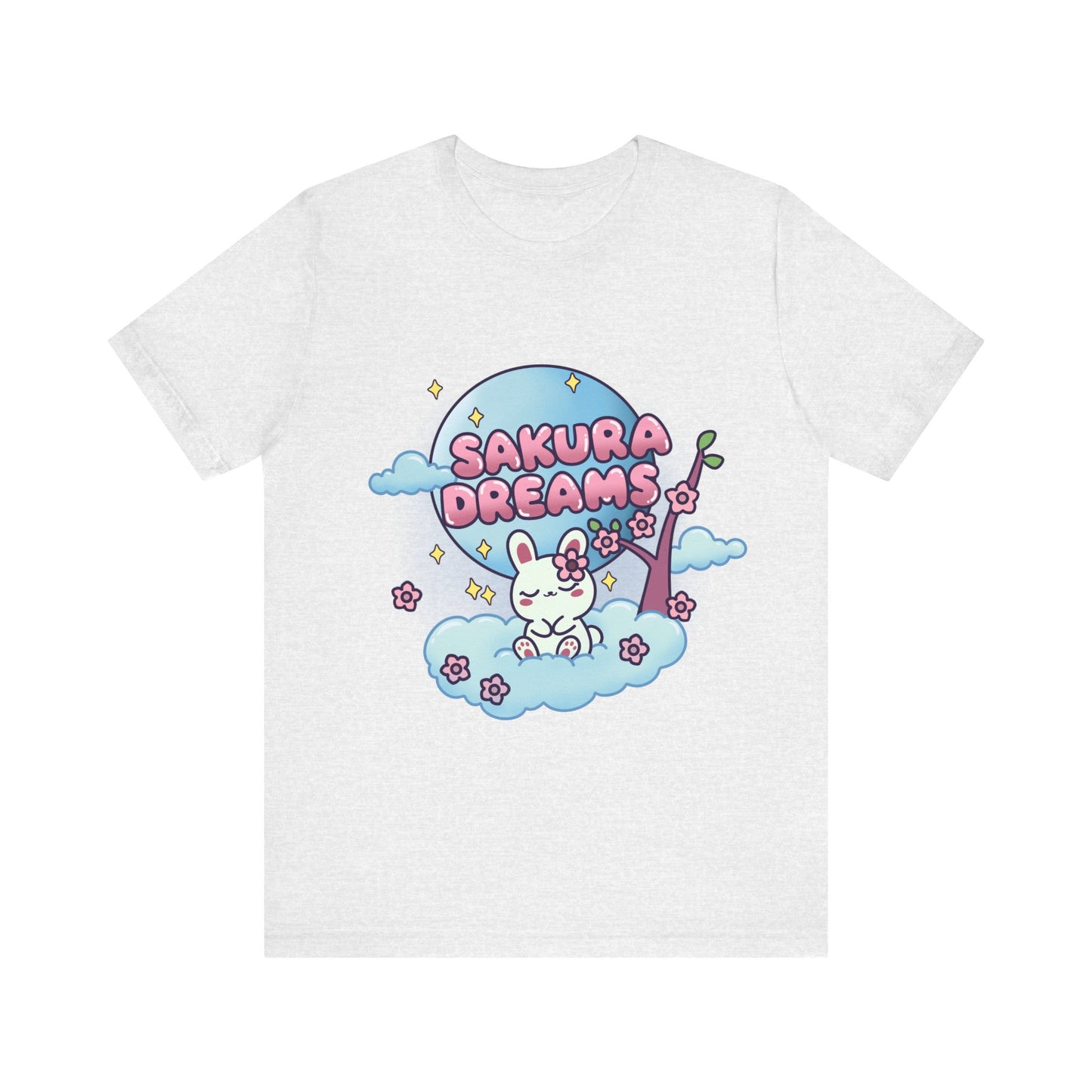 Sakura Dreams Kawaii Bunny T-Shirt featuring a cute white bunny with a sakura tree, sitting on a cloud under a full moon with cherry blossoms and stars