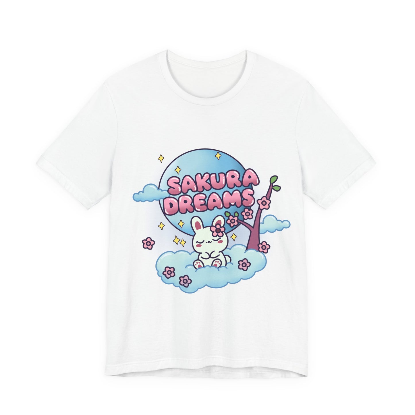 Sakura Dreams Kawaii Bunny T-Shirt featuring a cute white bunny with a sakura tree, sitting on a cloud under a full moon with cherry blossoms and stars