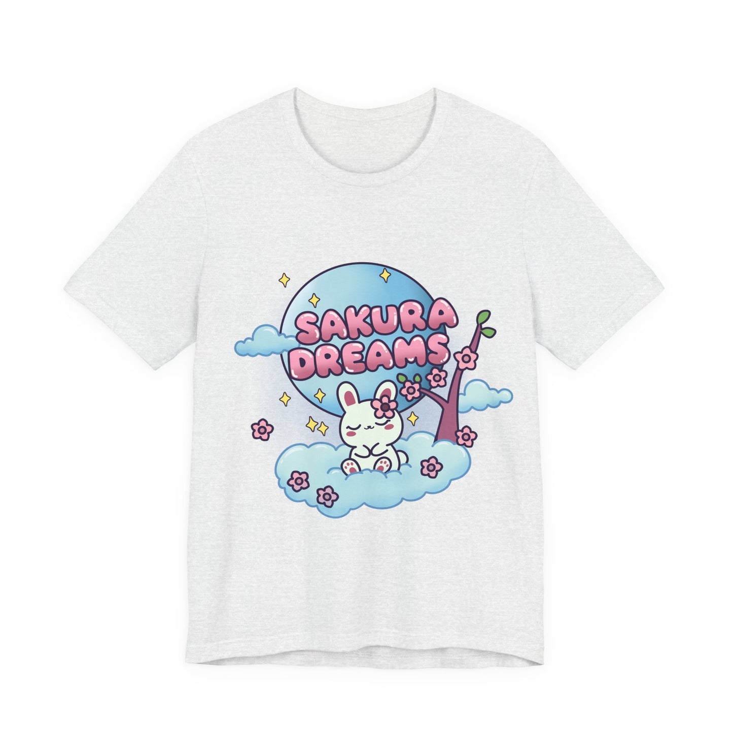 Sakura Dreams Kawaii Bunny T-Shirt featuring a cute white bunny with a sakura tree, sitting on a cloud under a full moon with cherry blossoms and stars