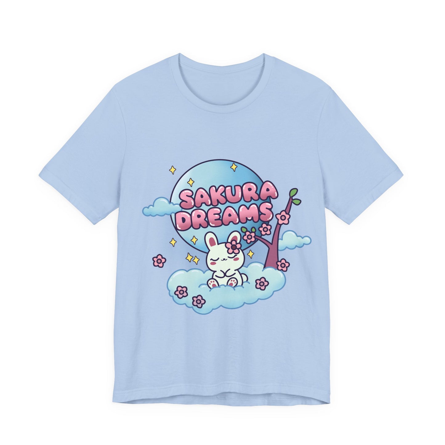 Sakura Dreams Kawaii Bunny T-Shirt featuring a cute white bunny with a sakura tree, sitting on a cloud under a full moon with cherry blossoms and stars