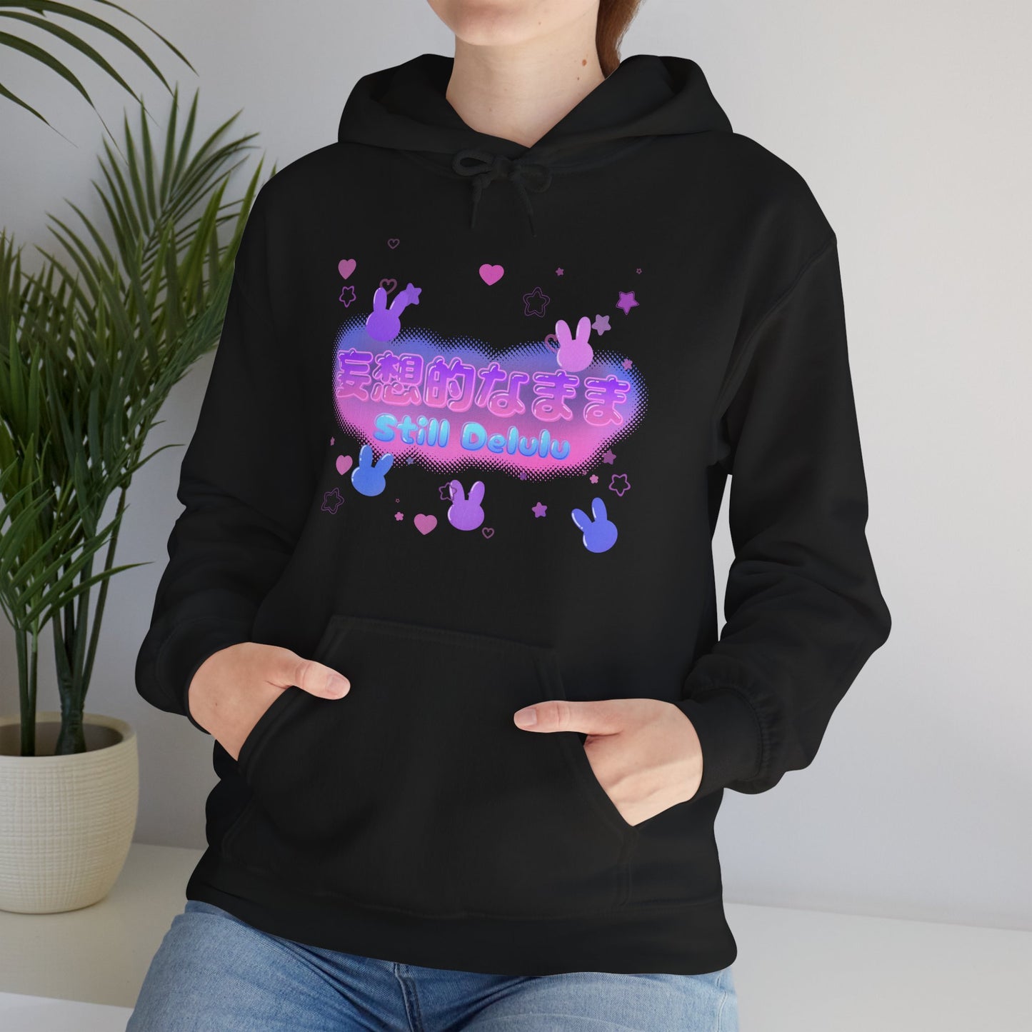 Kawaii Pastel Still Delulu in Japanese Bunny Hoodie Sweater - Pink X Holic