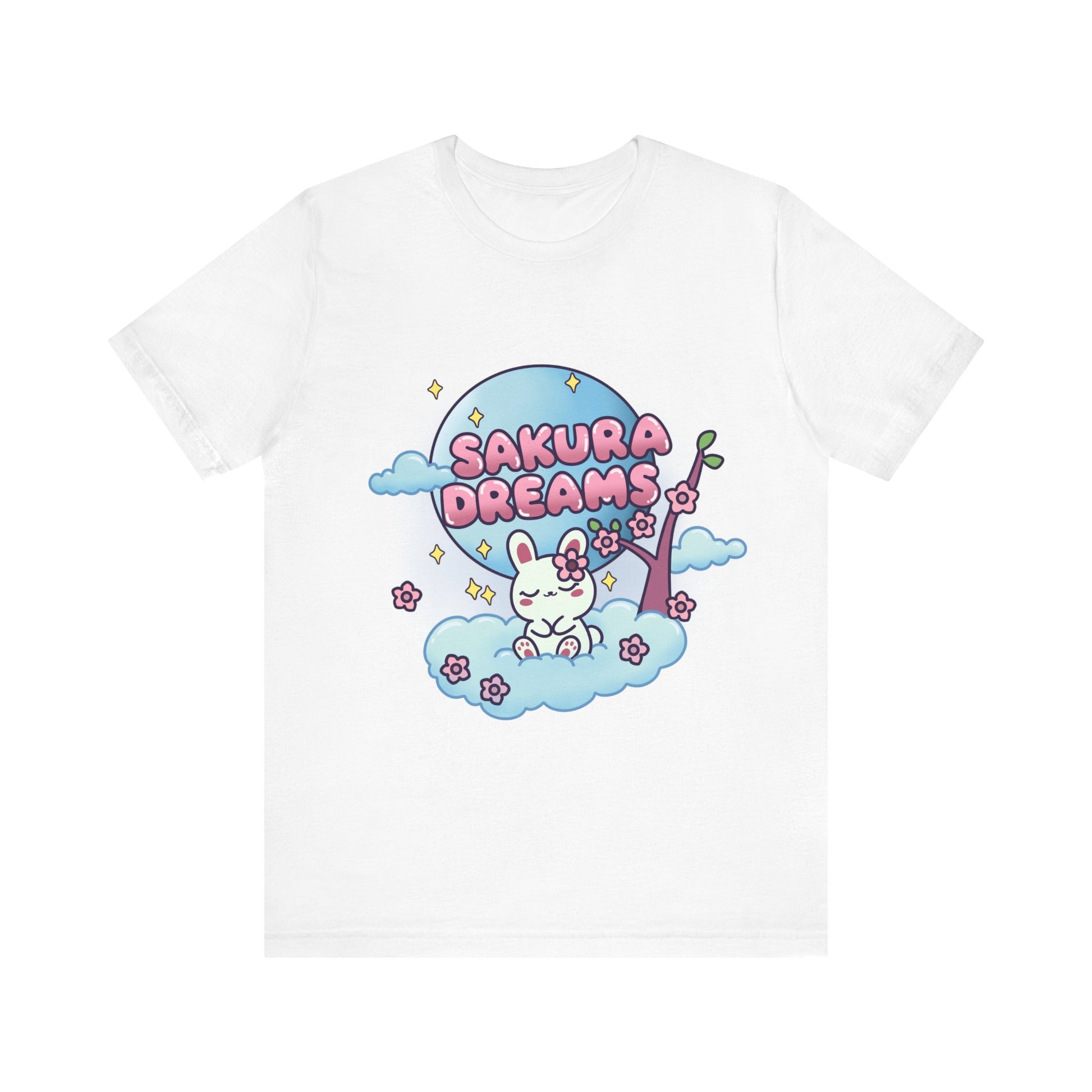 Sakura Dreams Kawaii Bunny T-Shirt featuring a cute white bunny with a sakura tree, sitting on a cloud under a full moon with cherry blossoms and stars