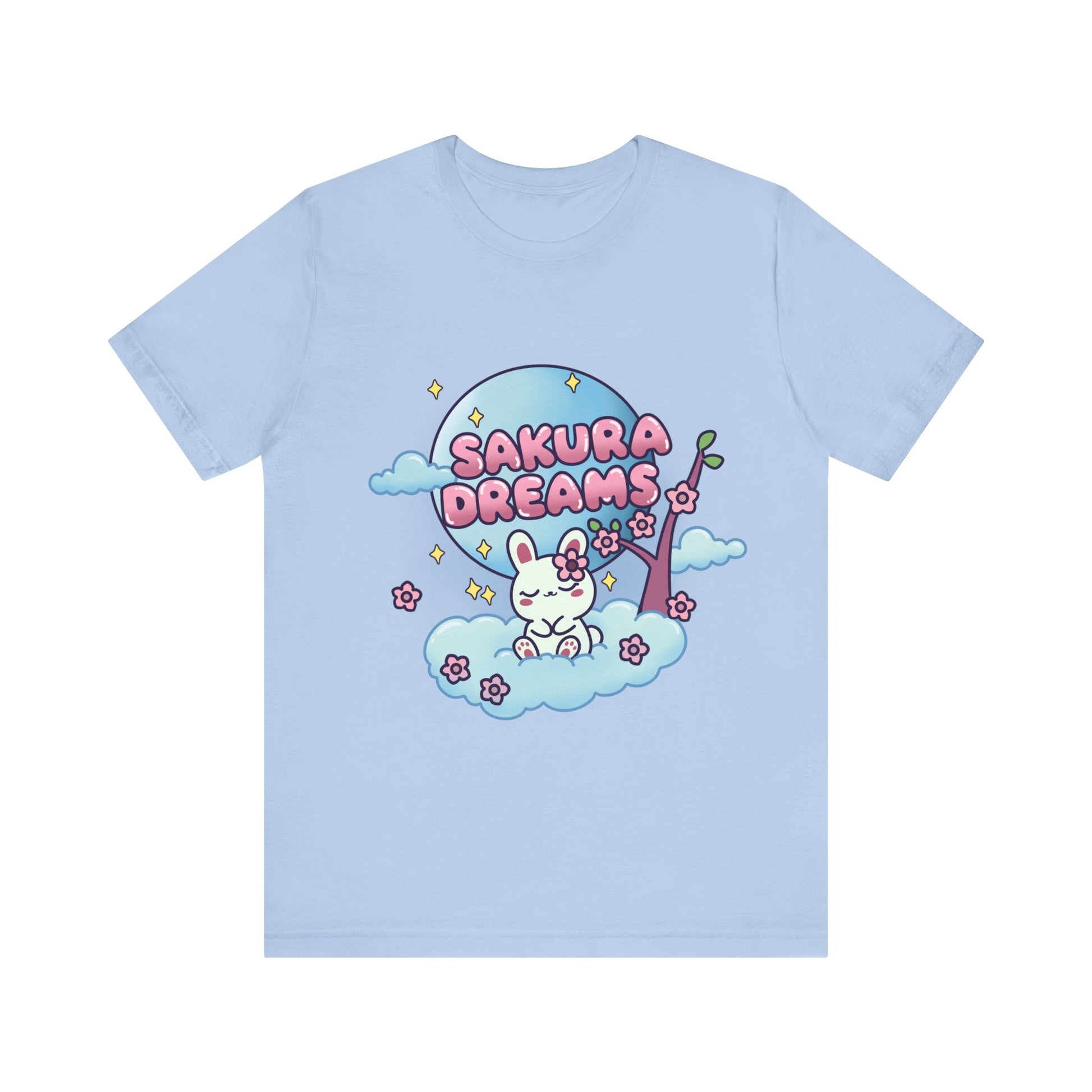 Sakura Dreams Kawaii Bunny T-Shirt featuring a cute white bunny with a sakura tree, sitting on a cloud under a full moon with cherry blossoms and stars