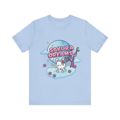 Sakura Dreams Kawaii Bunny T-Shirt featuring a cute white bunny with a sakura tree, sitting on a cloud under a full moon with cherry blossoms and stars