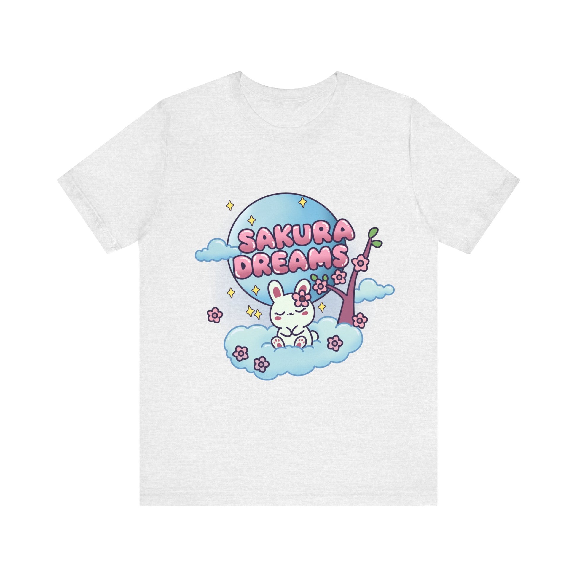 Sakura Dreams Kawaii Bunny T-Shirt featuring a cute white bunny with a sakura tree, sitting on a cloud under a full moon with cherry blossoms and stars