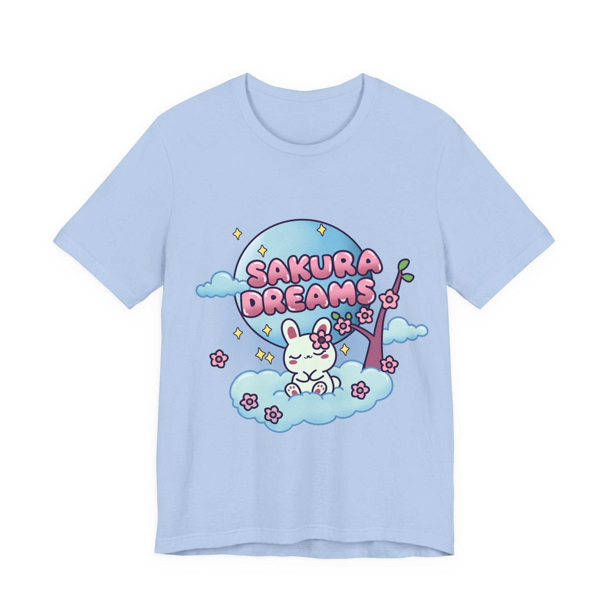 Sakura Dreams Kawaii Bunny T-Shirt featuring a cute white bunny with a sakura tree, sitting on a cloud under a full moon with cherry blossoms and stars
