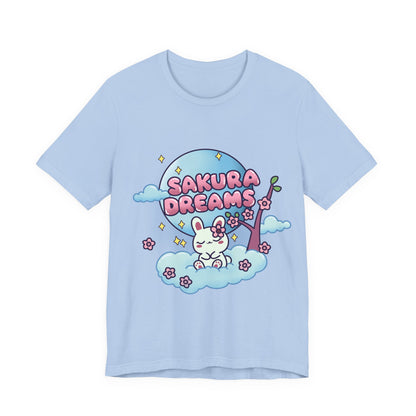 Sakura Dreams Kawaii Bunny T-Shirt featuring a cute white bunny with a sakura tree, sitting on a cloud under a full moon with cherry blossoms and stars