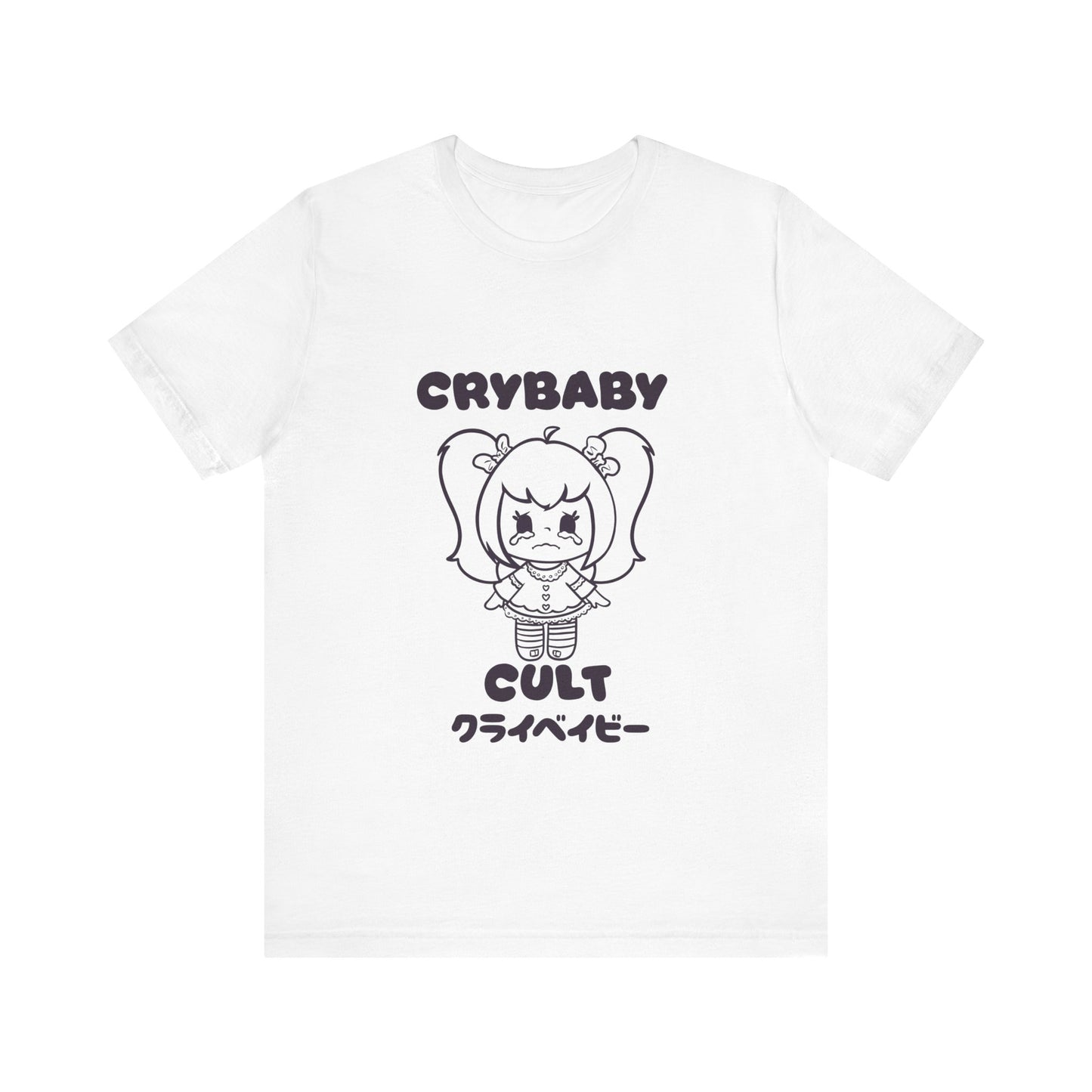 White t-shirt with black graphic design of a girl crying and text on a white background that says 'Crybaby Cult' in English and Japanese.