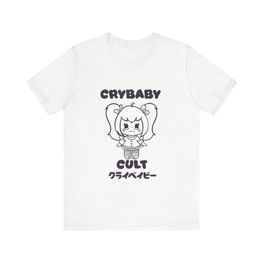 White t-shirt with black graphic design of a girl crying and text on a white background that says 'Crybaby Cult' in English and Japanese.