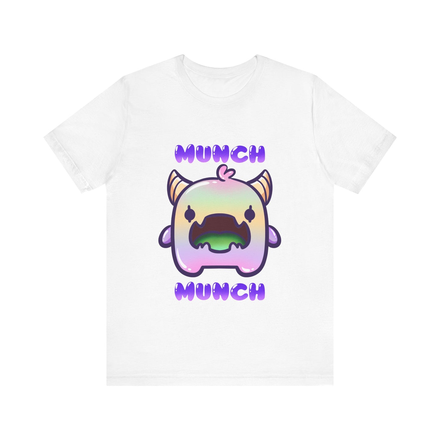 White t-shirt with a colorful monster character and 'MUNCH MUNCH' text on a white background