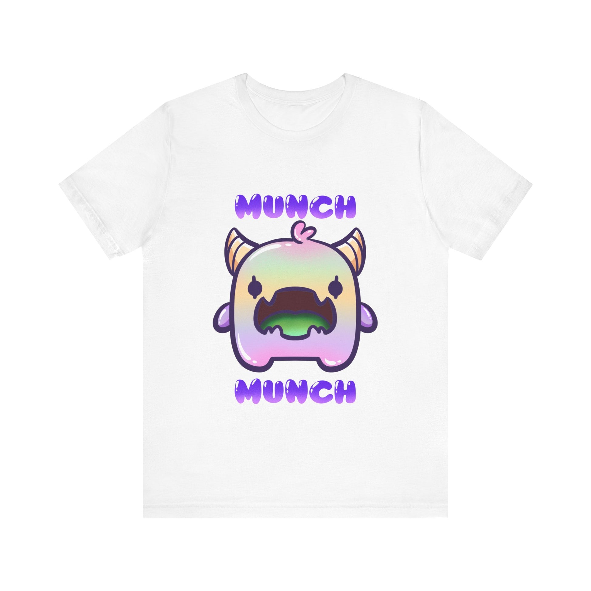 White t-shirt with a colorful monster character and 'MUNCH MUNCH' text on a white background