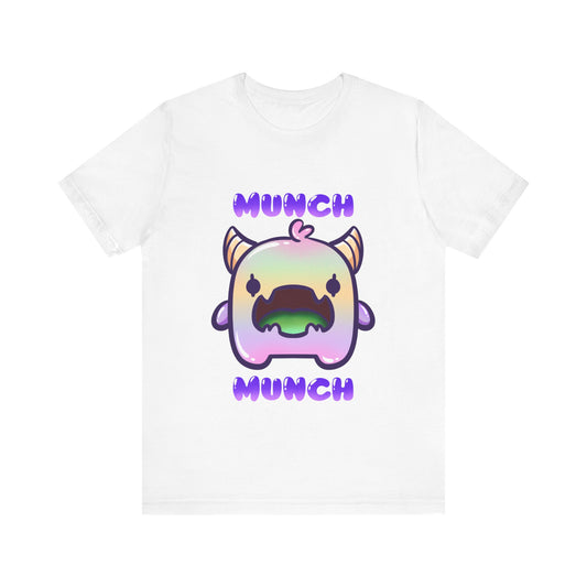 White t-shirt with a colorful monster character and 'MUNCH MUNCH' text on a white background