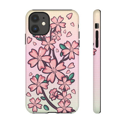 Phone case with drawn sakura tree blossom designs