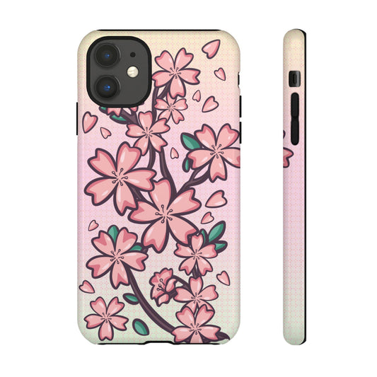 Phone case with drawn sakura tree blossom designs