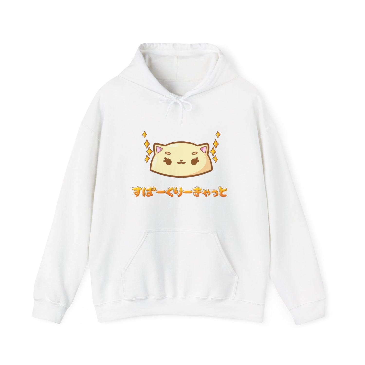 White hoodie with a cat face design and japanese text on a white background, that says 'Sparkly Kitty' in Japanese
