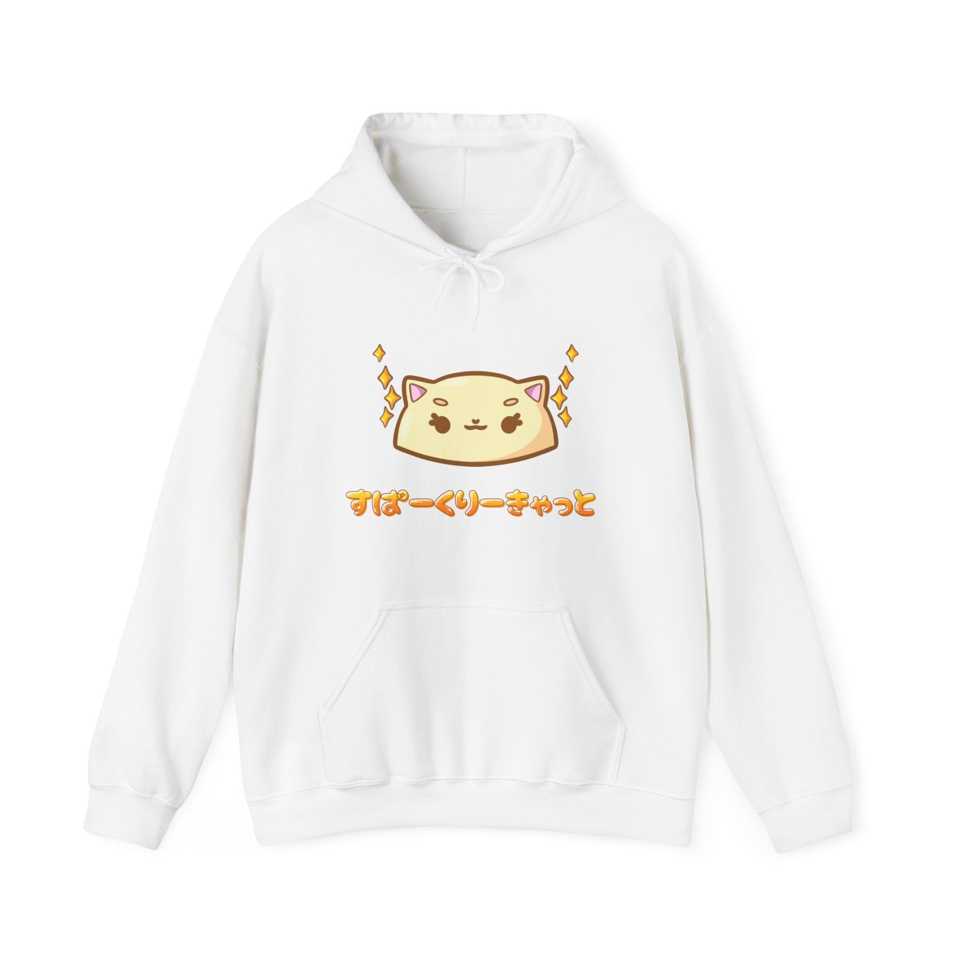 White hoodie with a cat face design and japanese text on a white background, that says 'Sparkly Kitty' in Japanese